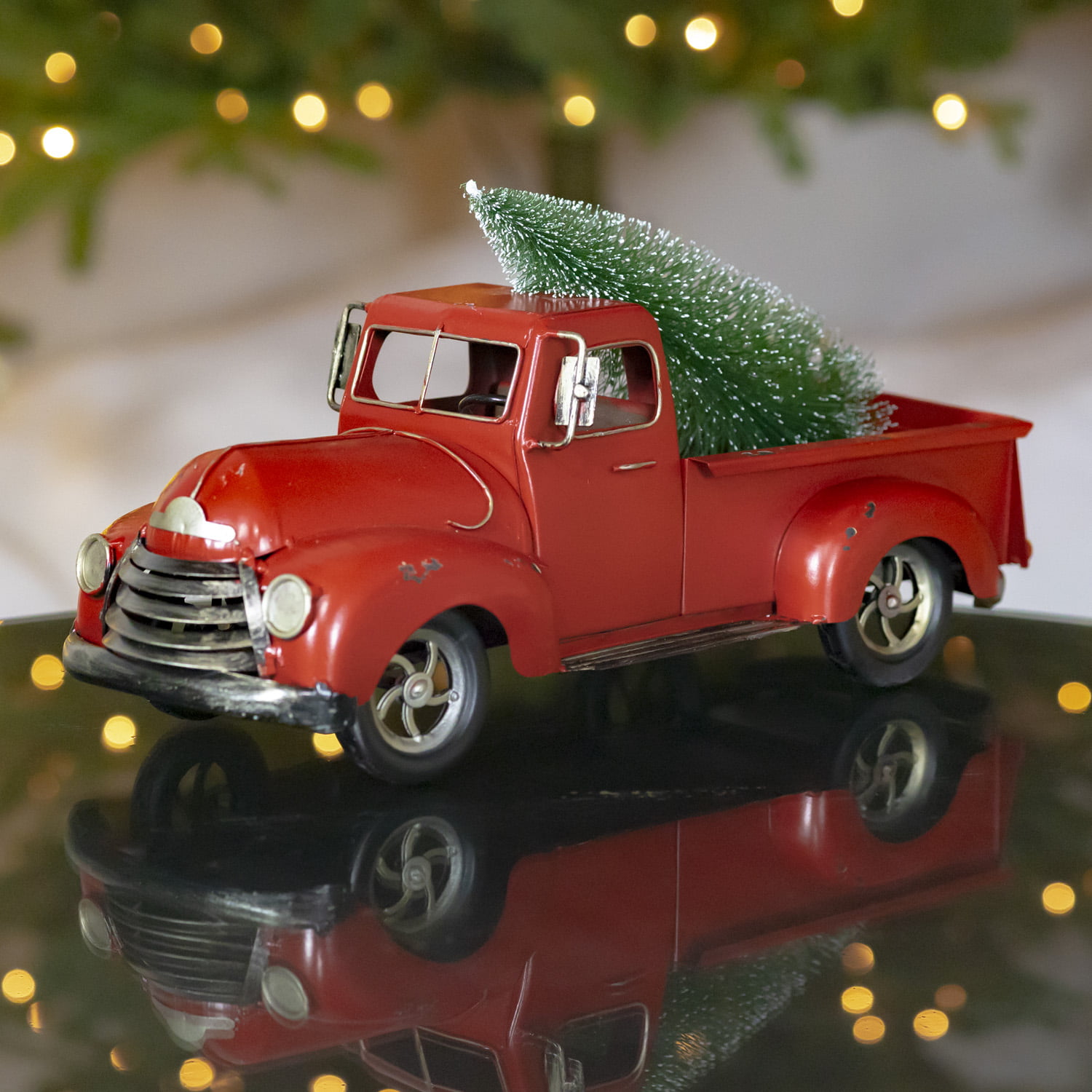 Distressed Red Iron Pickup Truck With Christmas Tree Lesera