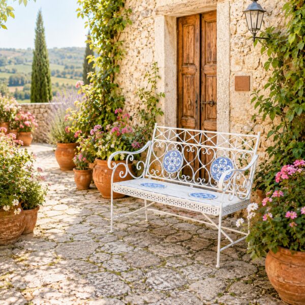 43" Long Montpellier Mosaic Metal Garden Bench – Antique White "Écusson" & Antique Bronze "Antigone"