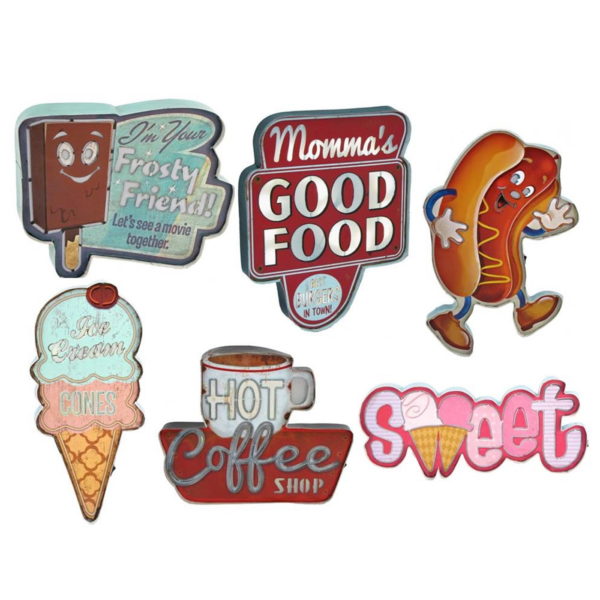 Set of 6 Light Up Vintage Style Restaurant Wall Signs with LED Lights