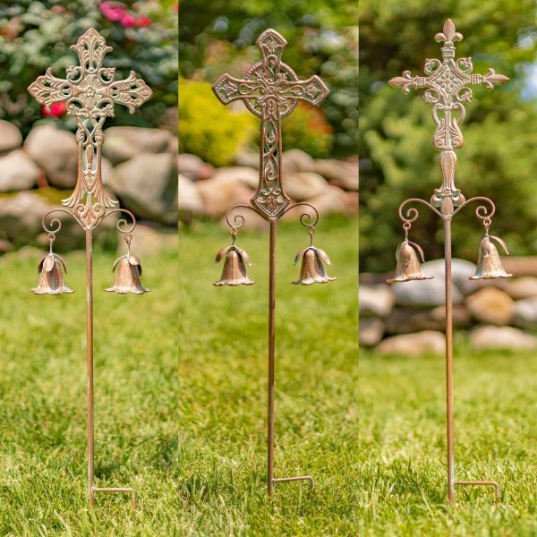 Set of 3 Assorted Embellished Iron Cross Garden Stakes with Dangling Lily Bells
