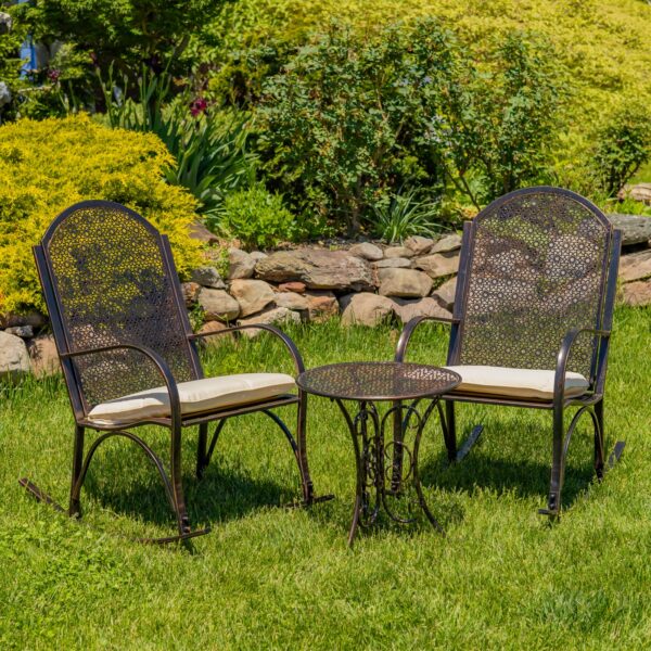 Tsugo Iron Rocking Armchair and Garden Side Table Three Piece Set