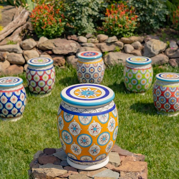 17.75 Tall Ceramic Stoneware Stool in Yellow, Navy and Cerulean Callista