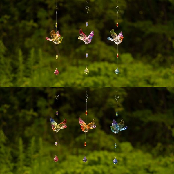 collage of 6 five tone hanging acrylic flying chickadee ornaments with diamond dangle in 6 assorted color combinations