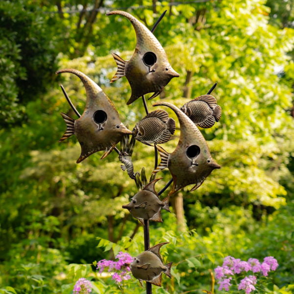 galvanized metal angel fish birdhouse stake for 3 birds families