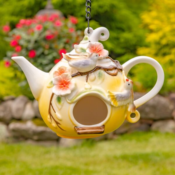 20" Long Hanging Porcelain Teapot Birdhouse with 2 Blue & Yellow Birds "Blythe"