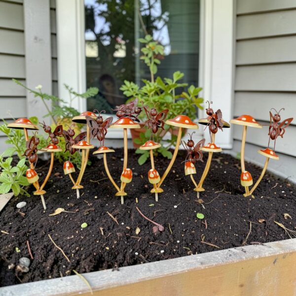 Metal Bustling Butterflies on Iron Mushroom Garden Stakes in 6 Assorted Styles