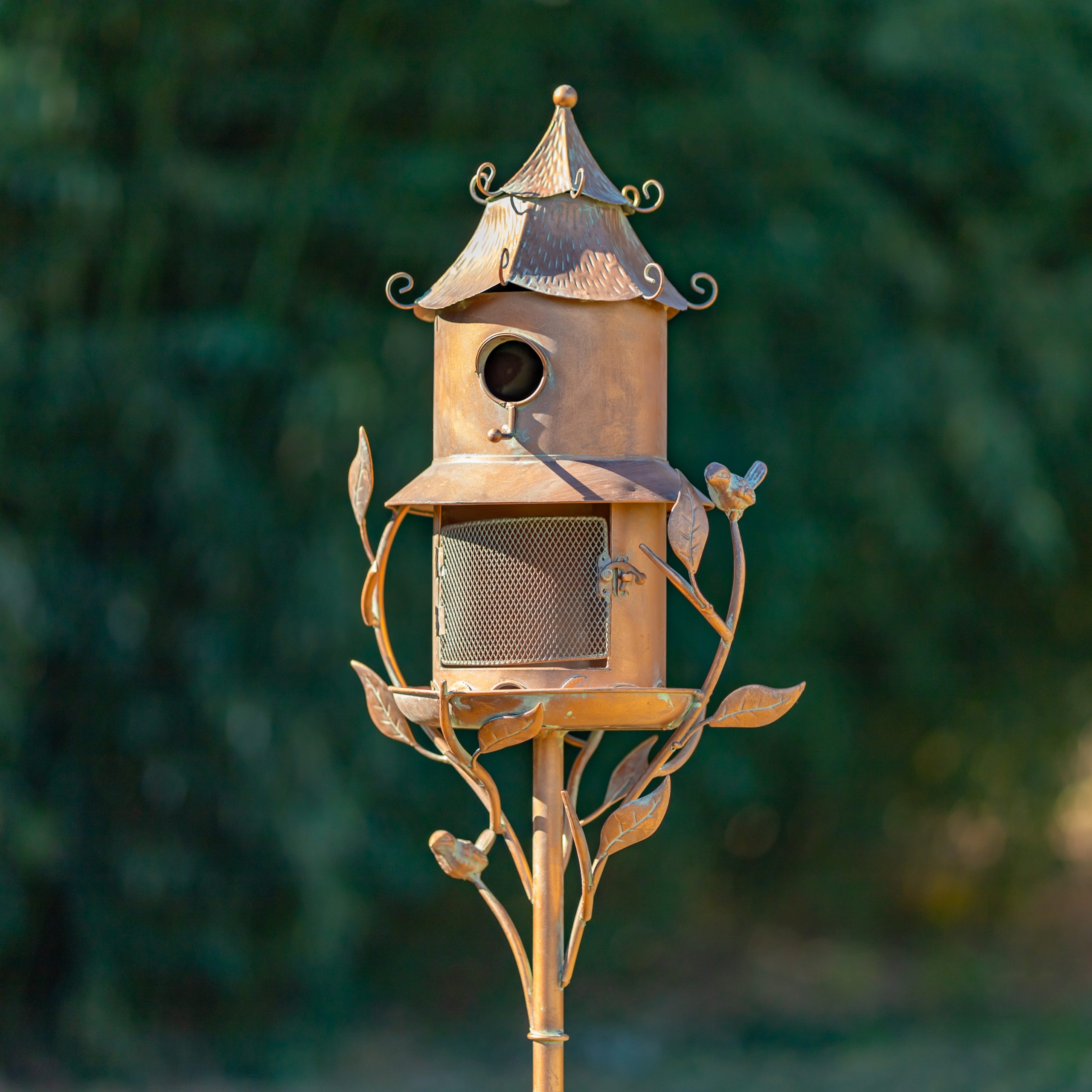 4 Assorted Birdhouse Feeder Garden Stakes in Antique Copper "The Homestead Collection"