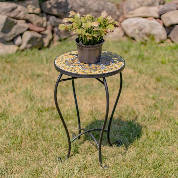 "Newport" 22in Tall Mosaic Pedestal Plant Stand - Gold, Blue & Orange