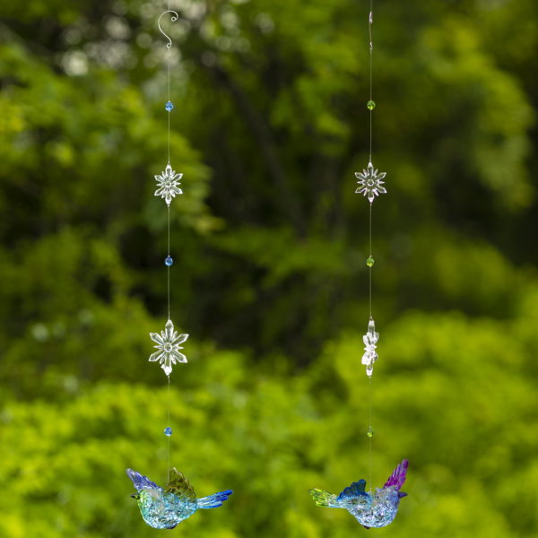 set of 2 acrylic hanging blue jay ornaments with snowflake details