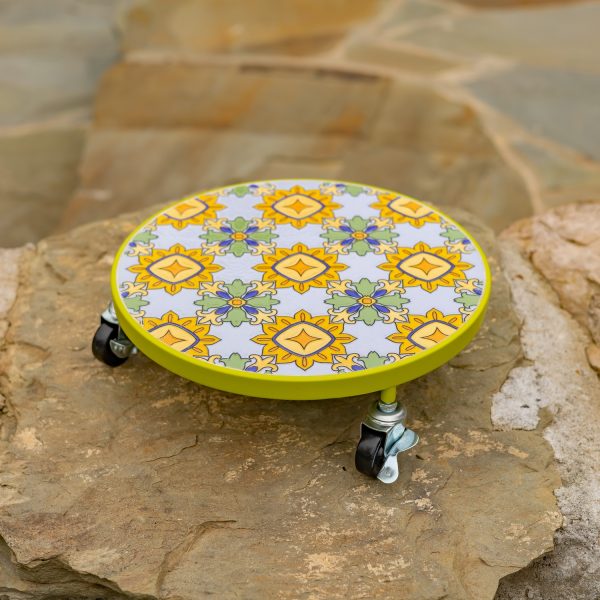 Round plant trolley, flat with mosaic tiles in colors chartreuse and yellow