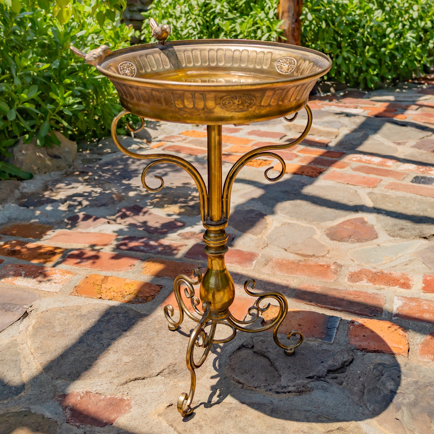 25.4" Tall Gold Birdbath-Feeder with Ornate Stand