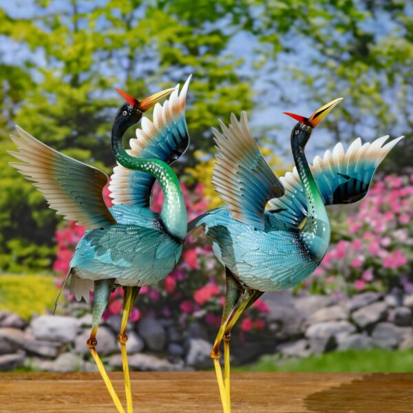 Set of 2 Assorted Blue Heron Garden Figurines with Red Head Feathers