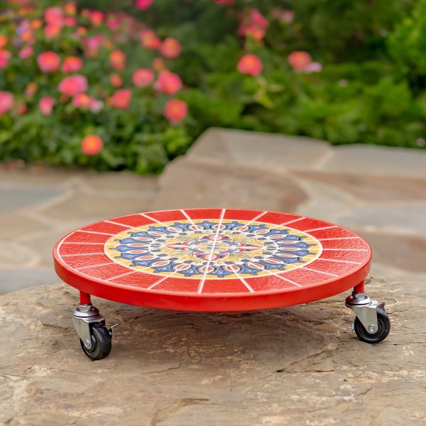 Flat round plant trolley with red, blue and yellow mosaic tiling
