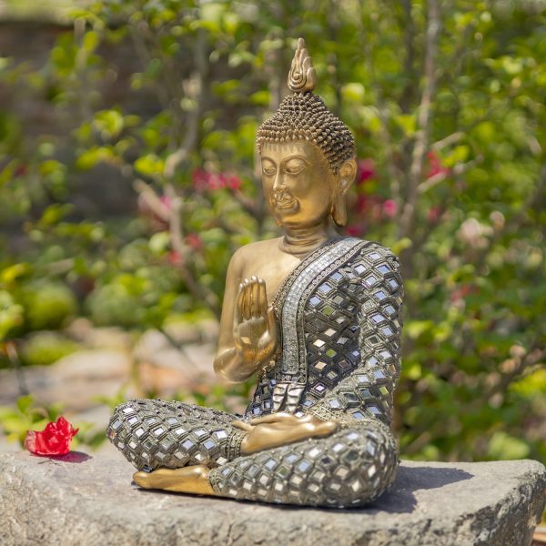 17.3 Tall Polyresin Preaching Buddha Statue with Diamond Mirror Accents in garden