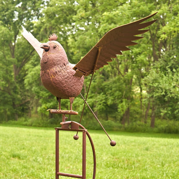 Large iron Rooster wings up rocking garden stake in antique rust distressed finish