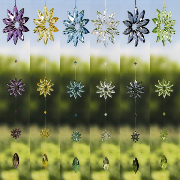 collage image of 6 hanging three piece acrylic flower chain in 6 colors