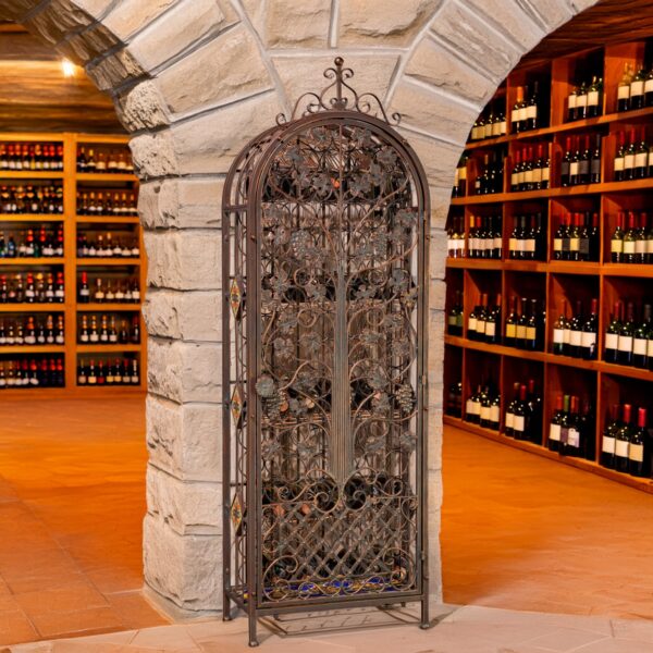 77.5" Tall Catalonia 97-Bottle Iron Wine Rack Cabinet – Antique Bronze "Basilica & Tarragona" & Green-Brown "Antigone & Trento"