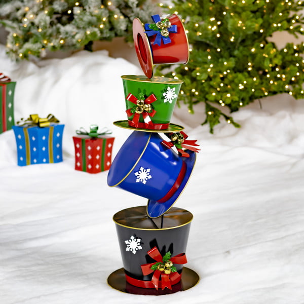 40 inch tall iron Christmas tower of top hats in red, blue, green and black with bows, bells and snowflakes holiday display