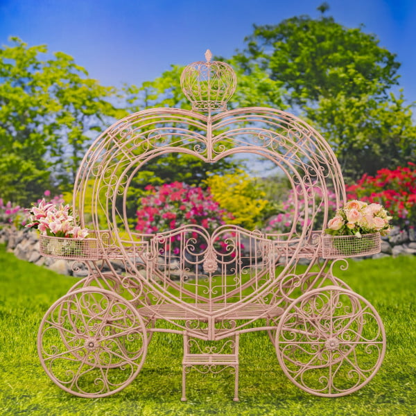 front view of heart-shaped iron flower in pink and gold finish with crown on top of it