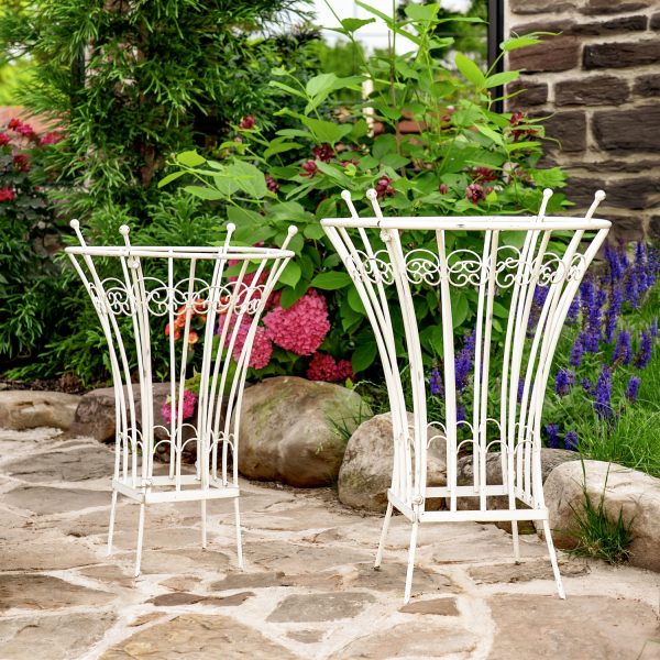 Set of 2 iron trellis plant stands in 2 different sizes in an antique white finish