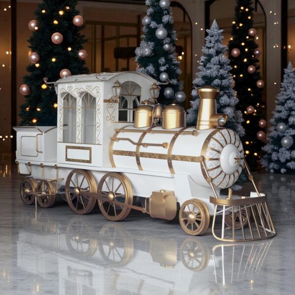 16 ft. Long X-Large Iron Christmas Train with Cart and Lanterns "The Flying Santa" - White/Gold