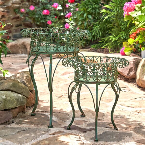 Set of 2 Iron Basket Plant Stands "Stephania" – Antique Green