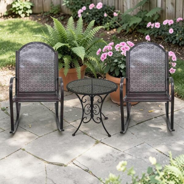 Tsugo Iron Rocking Armchair and Garden Side Table Three Piece Set