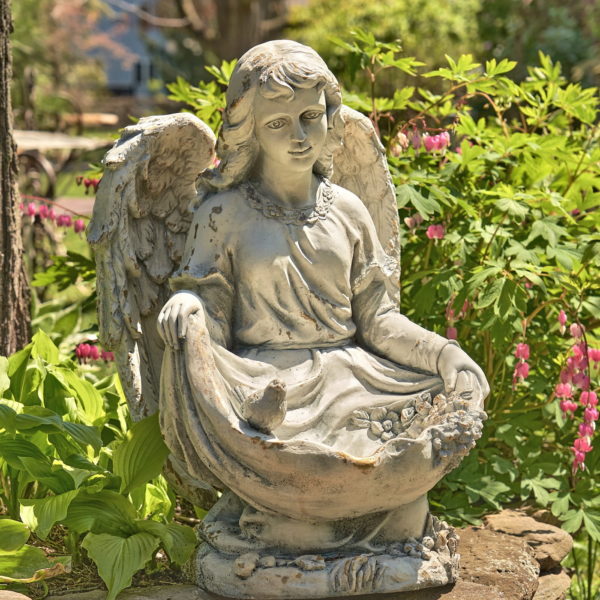 24 Tall Kneeling Angel Birdbath With The Birds Cassiel