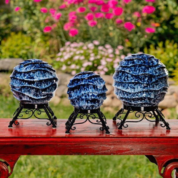 Set of 3 Assorted Ceramic Wavy Globe Gazing Balls with Stands "Munich"