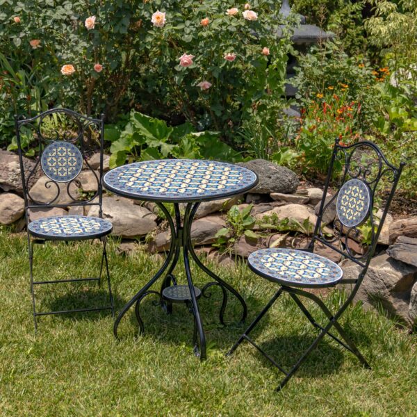 "Zinachka" Three Piece Round Mosaic Bistro Set - Light Blue/Yellow