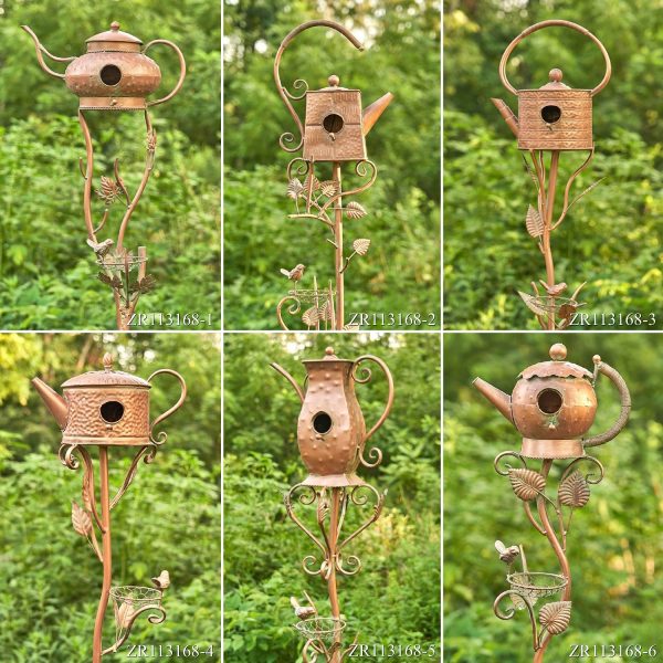 collage image of 6 assorted iron teapot birdhouse garden stakes in copper finish with skus