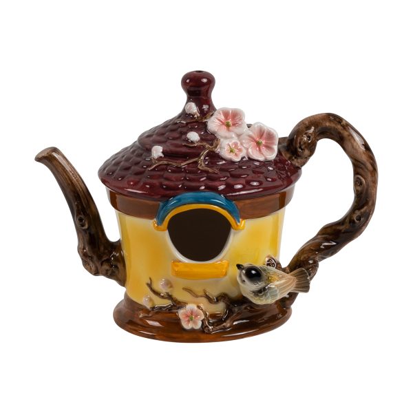 19.75" Long Hanging Porcelain Teapot Birdhouse with Robin "Robyn"