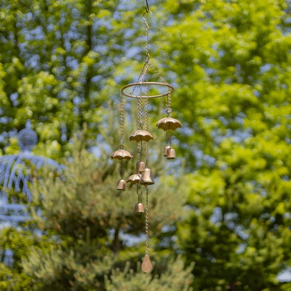 iron hanging wind chime with umbrellas and bells in antique copper finish