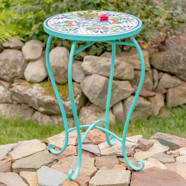 Baton Rouge Pedestal Plant Stand features beautiful blue, green and red ceramic tiles and a sturdy green metal frame.