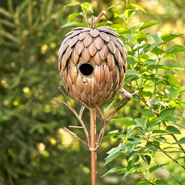 67 inches tall pinecone shaped birdhouse stake with little bird on a side in antique copper distressed finish with patina accents