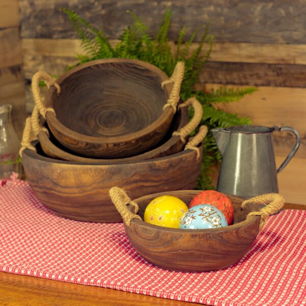 Set of 4 Assorted Round Wooden Serving Trays with Rope Handle "Marfa"