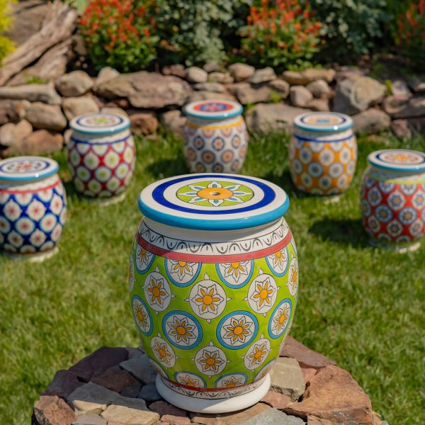 17.75 Tall Ceramic Stoneware Stool in Green, Blue and Yellow Cassidy