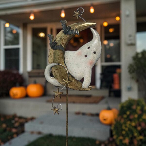 39.25" Tall Metal Ghost on Crescent Moon Halloween Garden Stake "Luna Boo"