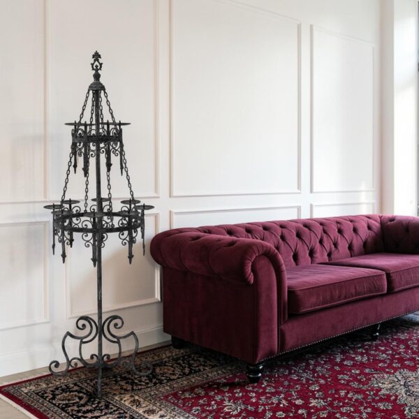 61.375" Tall Two-Tier Iron Floor Standing Candelabra in Antique Black