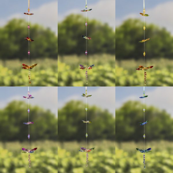 collage image of five tone hanging acrylic three piece butterfly chain in assorted colors