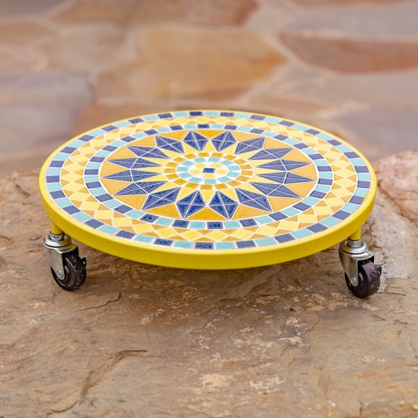 Flat round plant trolley with mosaic tiling in colors yellow, blue and gold