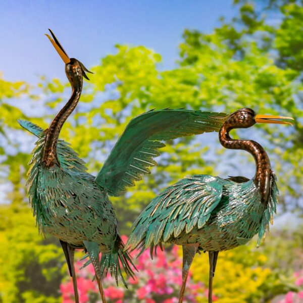 Set of 2 Assorted Hand-Painted Black & Teal Heron Garden Figurines
