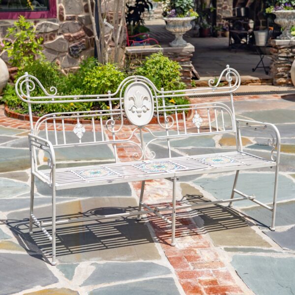 63" Atlantis Collection Ornate Mosaic Tile Garden Bench – Antique White "Poseidon" & Antique Bronze "Plato"