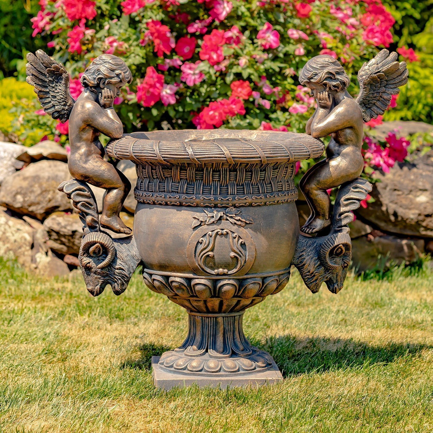 36.5 Tall Large Magnesium Urn with Cherubs in Antique Bronze Amorini