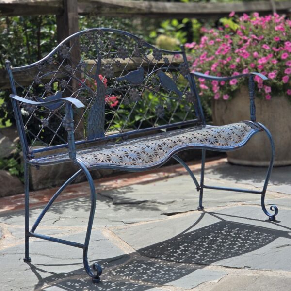 Classic Iron Garden Bench with Blooming Tree & Birds "Nockamixon" – Cobalt Blue