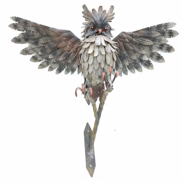 Image of iron great horned owl with detailed paint and iron