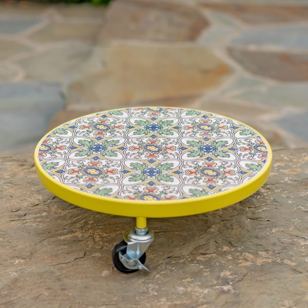 Flat Plant trolley with yellow base color with wheels and mosaic tiling on top