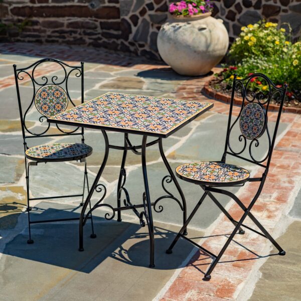 "Cefalù" Three Piece Square Mosaic Bistro Set - Black/Orange/Navy