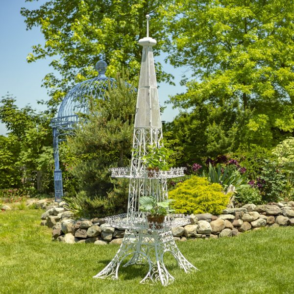 10.6ft. Tall Eiffel Tower-Inspired Two-Tiered Metal Plant Stand in Antique White