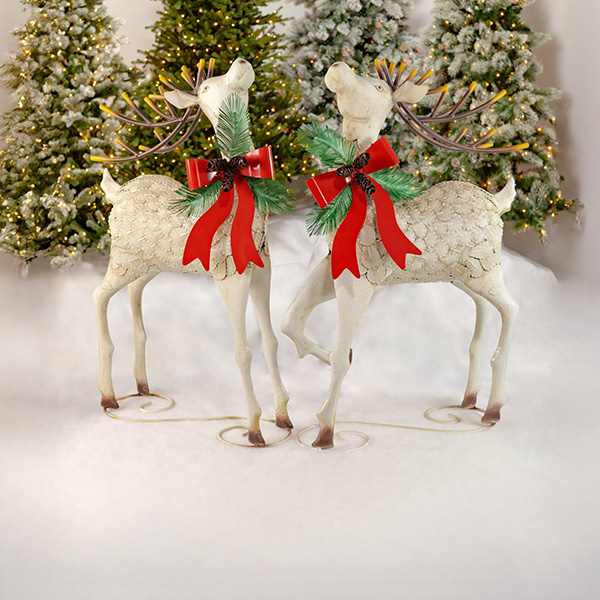 Set of 2 48In Tall Large Iron Reindeer with Pinecone Bow